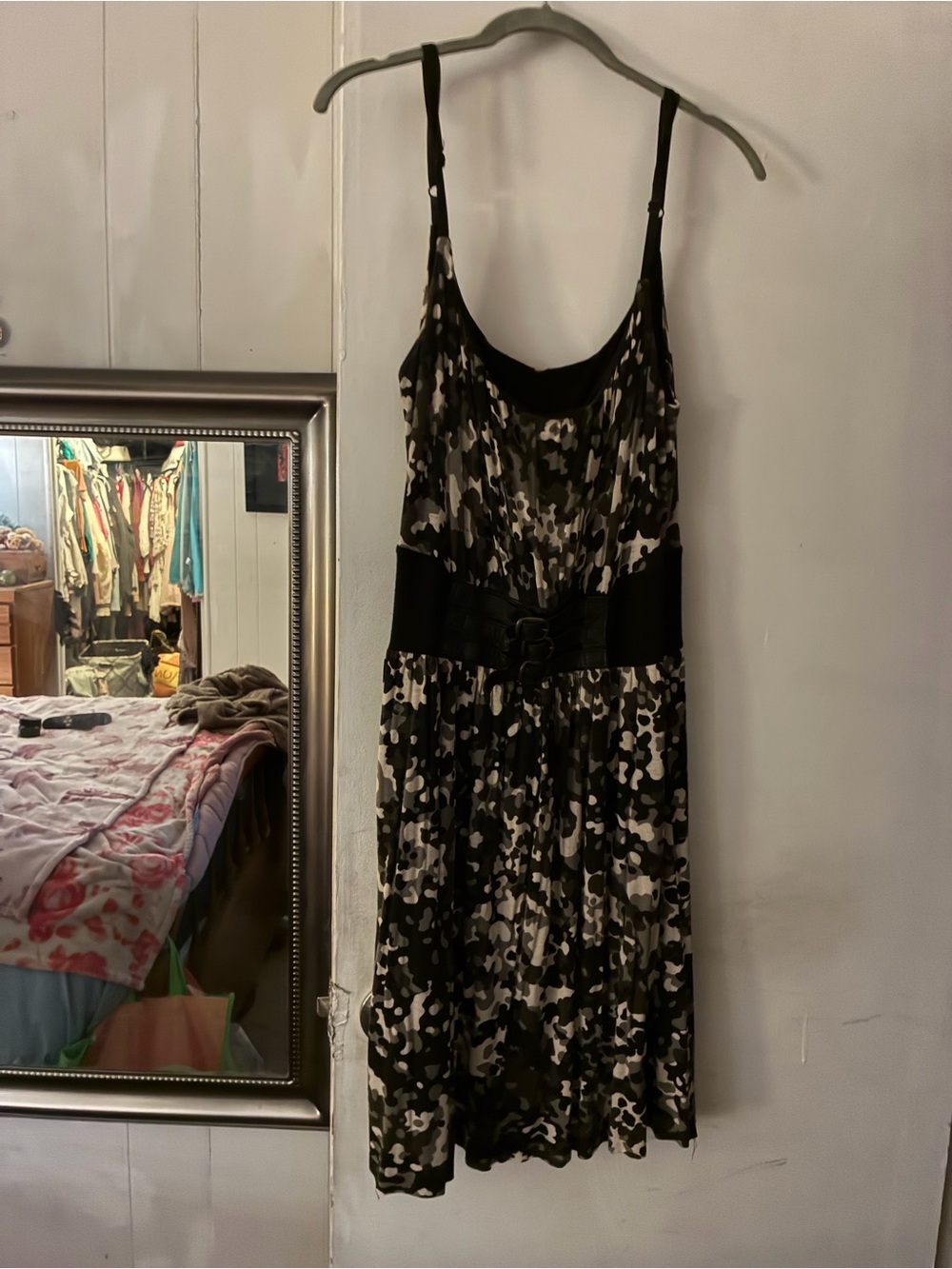 Sky Black & White Printed Spaghetti-Strap Dress with leather Waist Belt